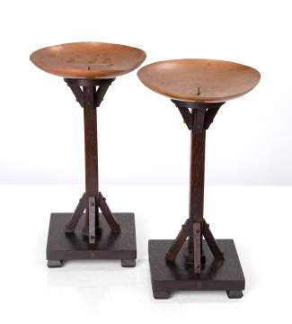 Charles Rohlfs, A Pair of 'Beacon Hill' Buttressed Oak & Copper Candlesticks, Model No. 4