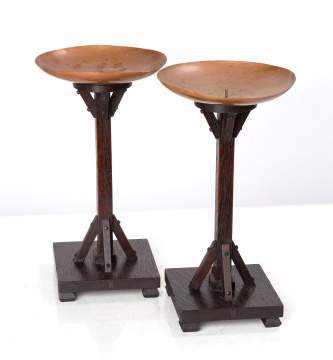 Charles Rohlfs, A Pair of 'Beacon Hill' Buttressed Oak & Copper Candlesticks, Model No. 4