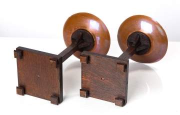 Charles Rohlfs, A Pair of 'Beacon Hill' Buttressed Oak & Copper Candlesticks, Model No. 4