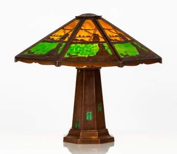 Charles P. Limbert, A Fine and Rare Copper and Slag Glass 'Lighthouse' Table Lamp