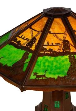 Charles P. Limbert, A Fine and Rare Copper and Slag Glass 'Lighthouse' Table Lamp