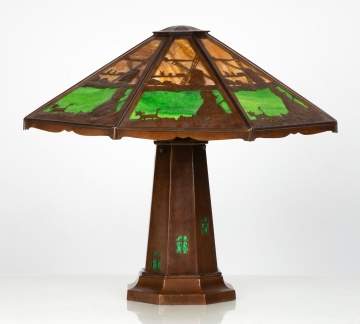 Charles P. Limbert, A Fine and Rare Copper and Slag Glass 'Lighthouse' Table Lamp