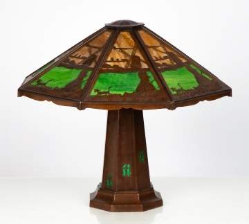 Charles P. Limbert, A Fine and Rare Copper and Slag Glass 'Lighthouse' Table Lamp