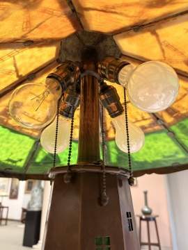 Charles P. Limbert, A Fine and Rare Copper and Slag Glass 'Lighthouse' Table Lamp