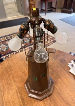 Charles P. Limbert, A Fine and Rare Copper and Slag Glass 'Lighthouse' Table Lamp
