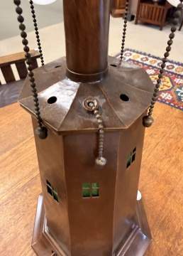 Charles P. Limbert, A Fine and Rare Copper and Slag Glass 'Lighthouse' Table Lamp