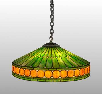 Duffner & Kimberly Green Leaded Glass Hanging Fixture with Amber Roundel Border