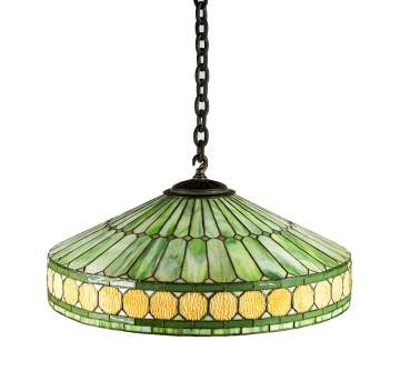 Duffner & Kimberly Green Leaded Glass Hanging Fixture with Amber Roundel Border