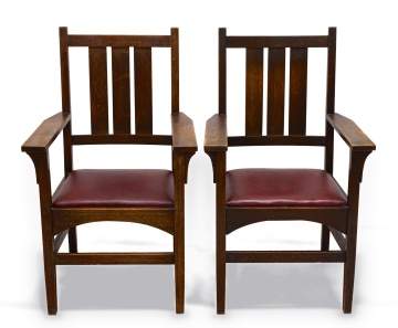 Gustav Stickley / Harvey Ellis, A Pair of Slat-Back Dining Armchairs, Model No. 353A