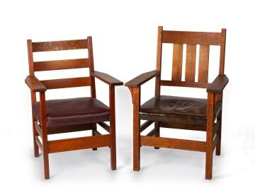 Gustav Stickley, Two Armchairs, One Slat-Back and One Ladder-Back