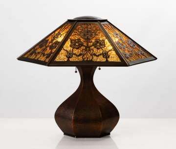 Charles P. Limbert Co. Hexagonal Hammered Copper and Slag Glass Table Lamp