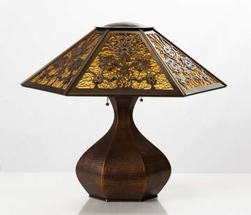 Charles P. Limbert Co. Hexagonal Hammered Copper and Slag Glass Table Lamp