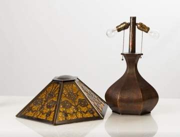 Charles P. Limbert Co. Hexagonal Hammered Copper and Slag Glass Table Lamp