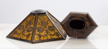Charles P. Limbert Co. Hexagonal Hammered Copper and Slag Glass Table Lamp