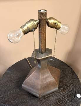Charles P. Limbert Co. Hexagonal Hammered Copper and Slag Glass Table Lamp