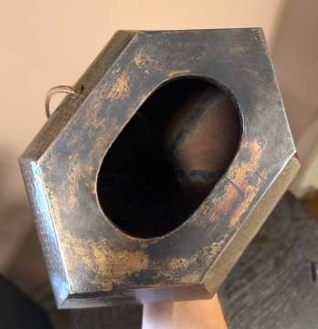 Charles P. Limbert Co. Hexagonal Hammered Copper and Slag Glass Table Lamp