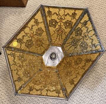Charles P. Limbert Co. Hexagonal Hammered Copper and Slag Glass Table Lamp