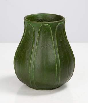 Eva Russell for Grueby Pottery Tooled-Leaf Matte Green Vase