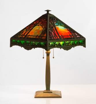 Bradley & Hubbard Landscape Filigree Slag Glass Panel Table Lamp