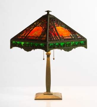 Bradley & Hubbard Landscape Filigree Slag Glass Panel Table Lamp