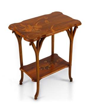 Emile Galle (French, 1846-1904) An Art Nouveau Marquetry & Carved Walnut Two-Tier Occasional Table