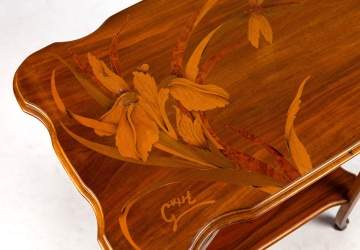 Emile Galle (French, 1846-1904) An Art Nouveau Marquetry & Carved Walnut Two-Tier Occasional Table