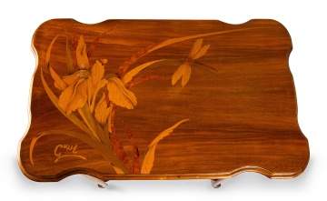 Emile Galle (French, 1846-1904) An Art Nouveau Marquetry & Carved Walnut Two-Tier Occasional Table