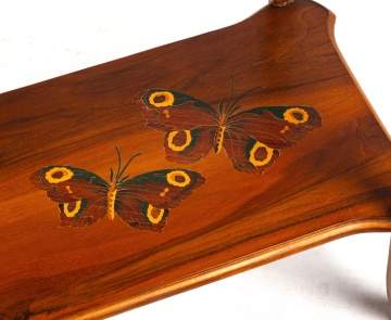 Emile Galle (French, 1846-1904) An Art Nouveau Marquetry & Carved Walnut Two-Tier Occasional Table