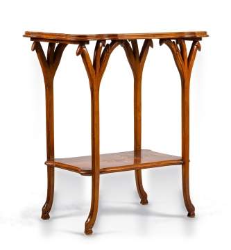 Emile Galle (French, 1846-1904) An Art Nouveau Marquetry & Carved Walnut Two-Tier Occasional Table
