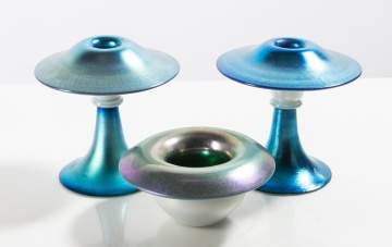 Steuben Blue Aurene & Verre de Soie Candlesticks & Bowl