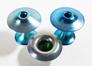 Steuben Blue Aurene & Verre de Soie Candlesticks & Bowl