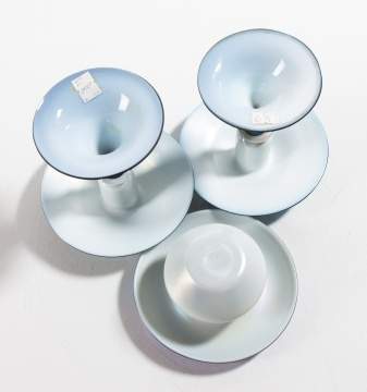 Steuben Blue Aurene & Verre de Soie Candlesticks & Bowl