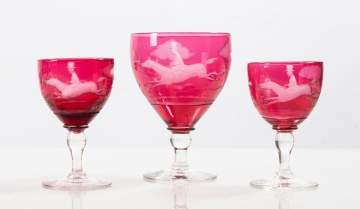 Three Steuben Hunt Theme Engraved Goblets