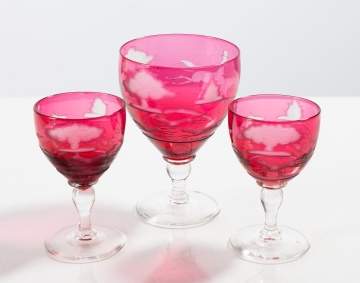 Three Steuben Hunt Theme Engraved Goblets