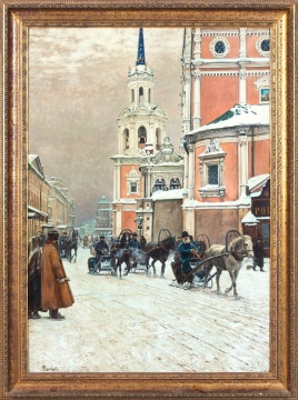 Paul Louis Bouchard (French, 1853-1937) A Moscow Street in Winter, with a Baroque Church & Bell Tower