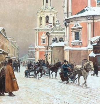 Paul Louis Bouchard (French, 1853-1937) A Moscow Street in Winter, with a Baroque Church & Bell Tower