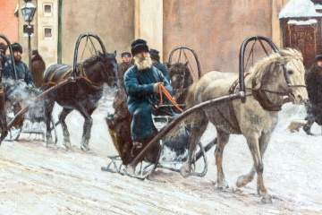 Paul Louis Bouchard (French, 1853-1937) A Moscow Street in Winter, with a Baroque Church & Bell Tower