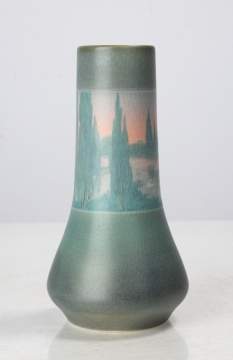 Kataro Shirayamadani (1865-1948) for Rookwood Pottery, Scenic Banded Vellum Vase with Swans