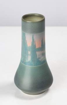 Kataro Shirayamadani (1865-1948) for Rookwood Pottery, Scenic Banded Vellum Vase with Swans