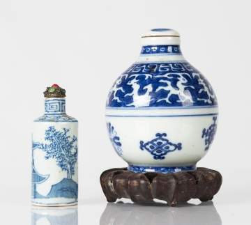 Two Chinese Blue & White Porcelain Snuff Bottles
