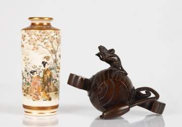 Japanese Satsuma Vase & Bronze Figure