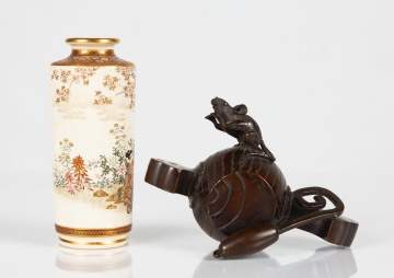 Japanese Satsuma Vase & Bronze Figure