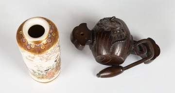 Japanese Satsuma Vase & Bronze Figure