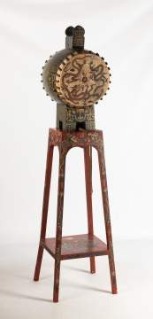 A Chinese Polychrome-Painted Hide Ceremonial Temple Drum on Lacquer Stand