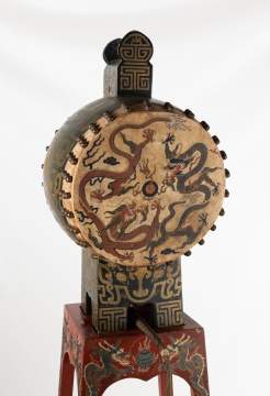 A Chinese Polychrome-Painted Hide Ceremonial Temple Drum on Lacquer Stand