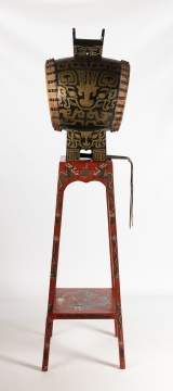 A Chinese Polychrome-Painted Hide Ceremonial Temple Drum on Lacquer Stand