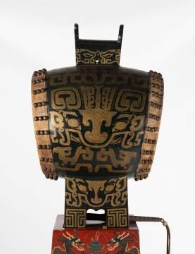 A Chinese Polychrome-Painted Hide Ceremonial Temple Drum on Lacquer Stand