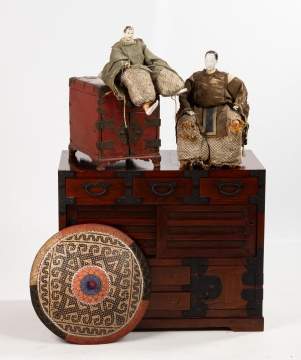 Asian Rosewood & Lacquer Cabinet, Dolls, & Hat