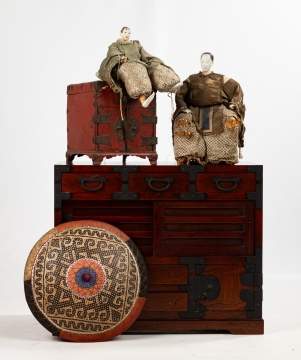 Asian Rosewood & Lacquer Cabinet, Dolls, & Hat