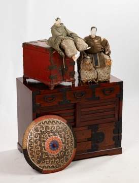 Asian Rosewood & Lacquer Cabinet, Dolls, & Hat